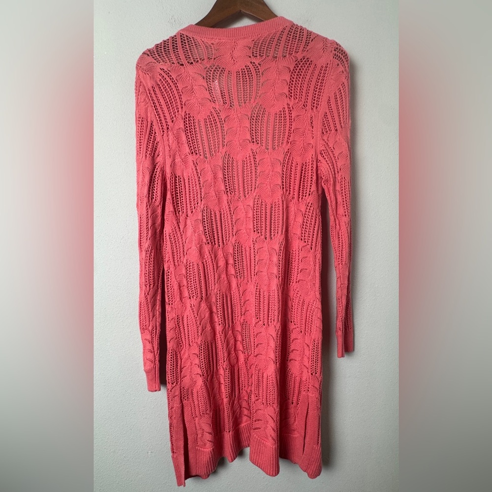 New Soft Surroundings Coral Crochet Long Open Cardigan Duster Size M Boho Mesh - Picture 4 of 8